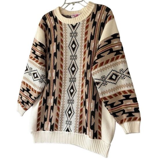 Vintage CLIFTON PLACE Brown Tan Slouchy Grandpa Southwestern Knit Sweater Sz L - Picture 3 of 8